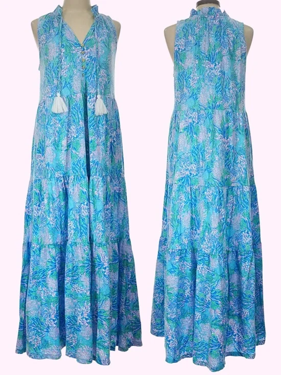 Lilly Pulitzer Malone Cotton Maxi Dress Las Olas Aqua Strong Current Sea Large - Picture 2 of 6